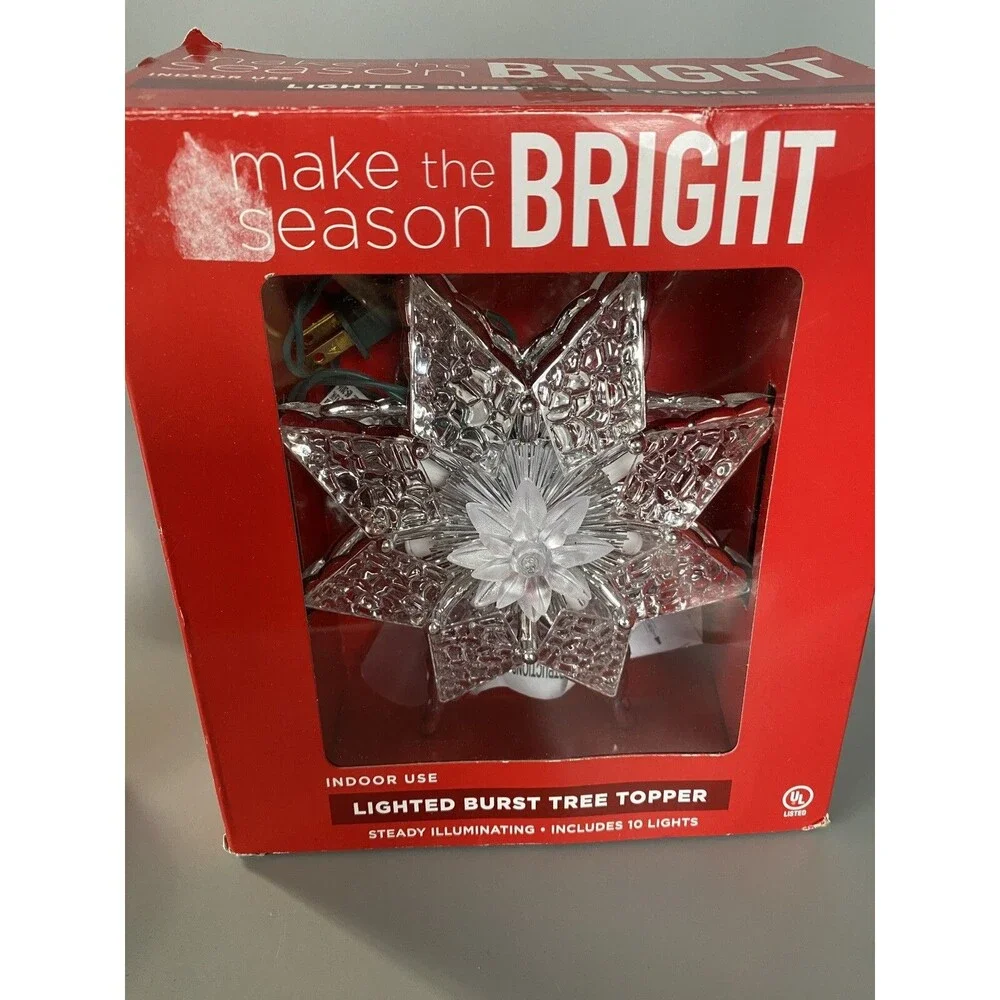 Christmas Lighted 8 Point STAR Tree Topper 2 Sided Acrylic Textured Tinsel